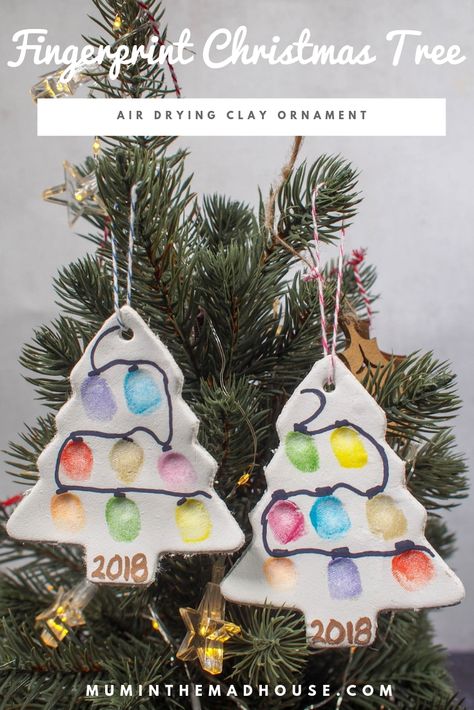 Fingerprint Christmas Tree, Fingerprint Christmas, Jul Diy, Hadiah Diy, Air Drying Clay, Preschool Christmas, Christmas Crafts For Gifts, Toddler Christmas, Christmas Crafts For Kids