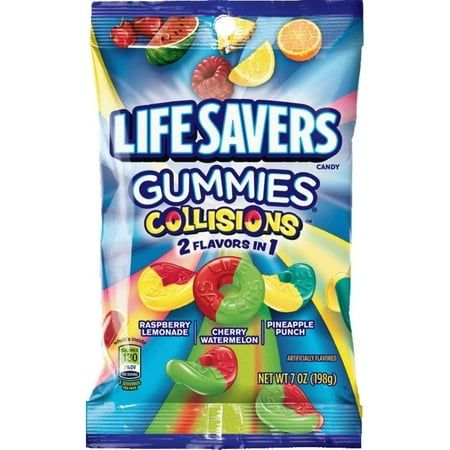 Collisions were created for those who can't decide on just one flavor. Featuring raspberry lemonade, cherry watermelon, and pineapple punch flavors Gummy candies that are a hole lot of fun Great for lunches, snacks, or to share with friends The classic American candy, originally designed to resemble a life preserver Package includes 3 individual bags, 7 ounces each Reese's Bars, Watermelon And Pineapple, Lifesaver Candy, Soda Italiana, Hershey Syrup, Cherry Lemonade, Pineapple Lemonade, Pineapple Punch, Fav Food