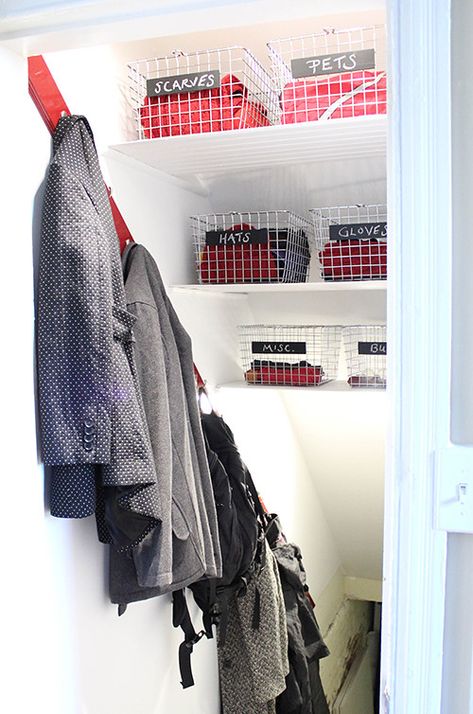 Coat Closet Storage, Stairway Storage, Basement Stairwell, Closet Under Stairs, Basement Steps, Storage Stairs, Coat Closet Organization, Closet Clutter, Stairs Storage