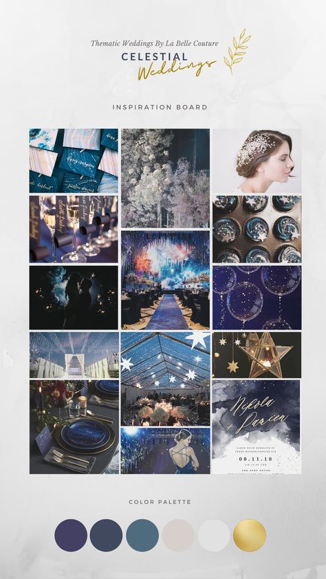 Night Wedding Color Palette, Midnight Sky Theme Party, Stardust Wedding Theme, Celestial Wedding Color Schemes, Celestial Wedding Table Setting, Starry Night Wedding Color Palette, Midnight Sky Wedding Theme, Night Sky Themed Wedding, Zodiac Wedding Theme