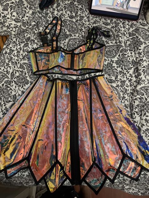 Seller Notes: Worn it once great quality, no rips or tears; Condition: Excellent Condition; Freedom Rave Wear Holographic Skirt, Rave Skirt, Festival Inspo, Rave Outfit, Skirt And Top, Rave Wear, Tropical Island, Tropical Islands, Rave Outfits