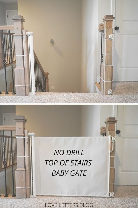 Get the details for our top of stairs baby gate solution with no drilling into your newel posts! Baby Gate For Stairs With No Wall, Staircase Gate Ideas, Baby Gates For Stairs With Banister, Diy Gate For Stairs, Childproofing Stairs, Baby Gate Stairs, Baby Gate Alternative, Diy Baby Gate For Stairs, Baby Proofing Stairs