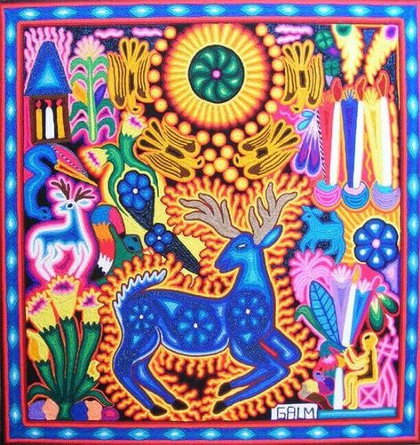 Mexican Folk Art Decor, Huichol Pattern, Arte Folk, Yarn Painting, Huichol Art, Art Brut, Visionary Art, Arte Popular, Naive Art