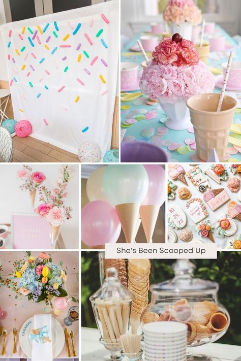 Sprinkle Bridal Shower Ideas, Dessert Bridal Shower Theme, She's Been Scooped Up Bridal Shower Decorations, Shes Been Scooped Up Centerpieces, Scooped Up Bridal Shower Theme Decorations, She's Been Scooped Up Bridal Shower Theme Decorations, She’s Been Scooped Up Bridal Shower Centerpieces, Ice Cream Shower Theme, Ice Cream Bridal Shower Games