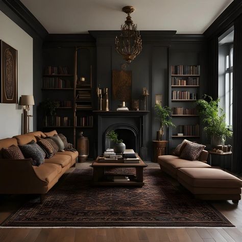 One Colored Wall Living Room, Mix Black And Wood Furniture, Vintage Formal Living Room, Modern Vintage Interior Design Living Rooms, Dark Moody Fireplace, Dark Living Rooms Ideas, Dark Acedemia Furniture, Muted Home Decor, Dark Home Decor Living Room