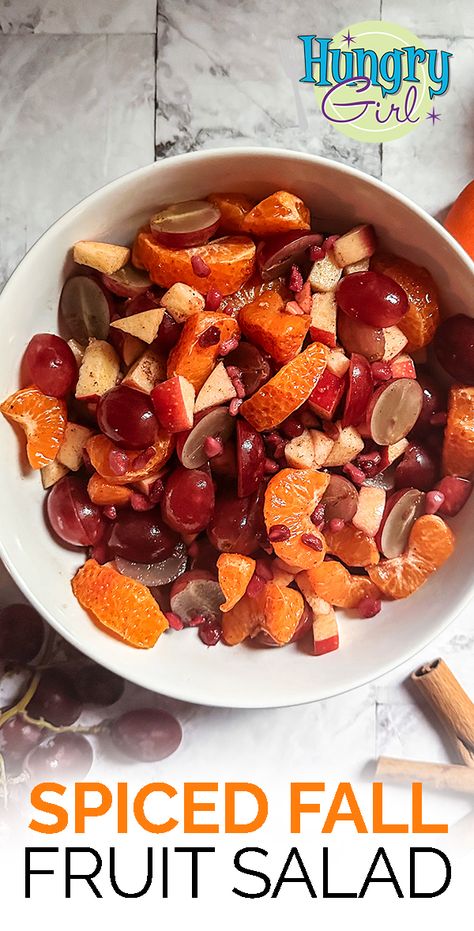 Healthy Spiced Fall Fruit Salad Recipe | Hungry Girl Salad Recipes For Thanksgiving, Fall Fruit Salad, Thanksgiving Fruit, Spiced Popcorn, Sweet Dressing, Recipes For Thanksgiving, Fall Fruit, Hungry Girl Recipes, Fruit Salad Recipe