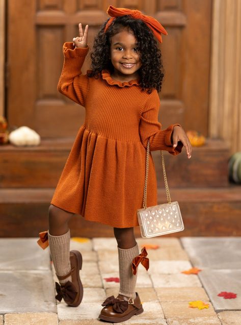 Making Fall Memories Knit Sweater Dress – Mia Belle Girls Toddler Sweater Dress With Boots, Dress And Sweater Outfit Layering, Fall Kids Outfits, Kids Fall Outfits, Picture Day Outfits, Brown Sweater Dress, Kid Outfits, Brown Knit Sweater, Neck Details