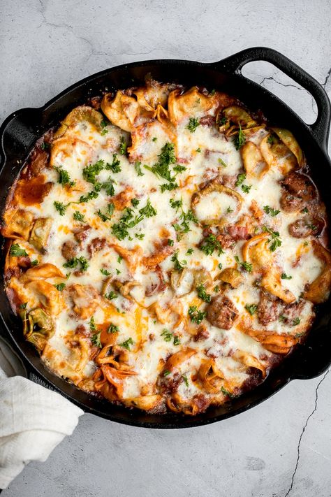 Cheesy Tortellini and Sausage Bake - Ahead of Thyme Lasagna Tortellini, Tortellini Pasta Bake, Bake Ahead, Cheesy Tortellini, Creamy Tortellini Soup, Lazy Lasagna, Tortellini Bake, Sausage Tortellini, Tortellini Pasta