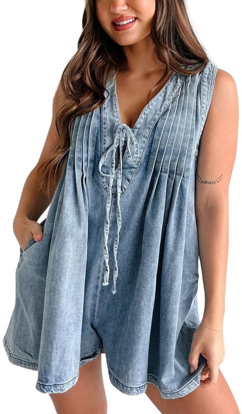 PRICES MAY VARY. Materials: The women overall rompers made of soft and premium denim fabric, comfortable and skin friendly, providing you a good wearing experience. Design: Women denim shorts overalls with deep v neck and tie front design, sleeveles, solid color, short pants, two side pockets, pleated at back, baggy fashion one piece for women. Match: This summer cute denim jumpsuits easy to match with your sandals, sneakers, boots for a casual western style. Occasions: Casual jean romper for wo Summer Country Concert Outfit, Denim Short Jumpsuit, Pineapple Clothes, Concert Outfit Summer, Denim Playsuit, Jean Short Jumpsuit, Style Kawaii, Pocket Jumpsuit, Metallic Leggings