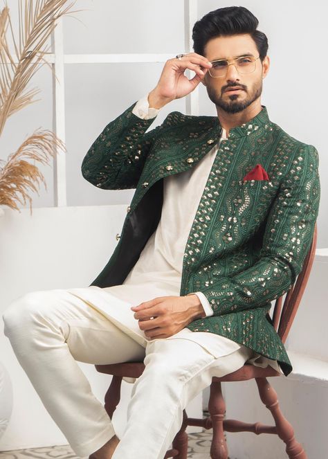 Green Bandhgala Suit Men, Mens Mehandi Outfit, Grooms Mehndi Outfit, Mehendi Kurta For Groom, Mehandi Groom Outfit, Groom Mehndi Outfit For Men Green, Mehndi Groom Outfit, Mehandi Outfit For Groom, Mens Mehndi Outfit