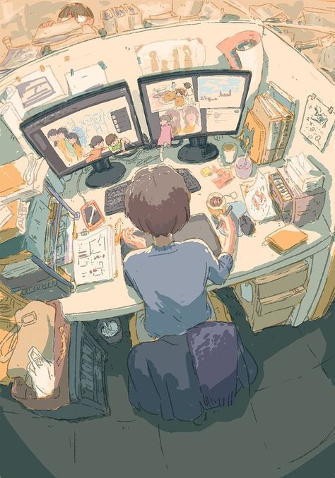 Animating Aesthetic, Person Sitting At Desk Reference, Groovy Drawings, Pixiv Art, Desk Drawing, Messy Desk, Drawing Aesthetic, Fotografi Digital, Type Shi