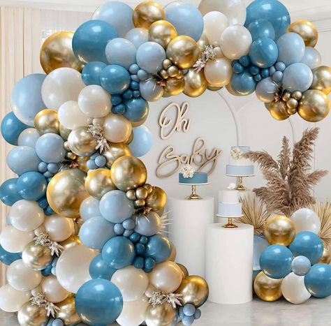 Dusty Blue Balloons, Balloon Wreath, Majlis Perkahwinan, Orange Balloons, 1st Birthday Party Decorations, Fog Blue, Gold Confetti Balloons, Fiesta Baby Shower, Blue Pastel