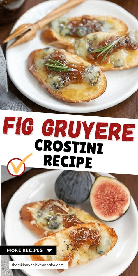 Fig Gruyere Crostini - An unusual combination of toppings that's sure to be a hit with fig jam, Gruyere, blue cheese and rosemary! Perfect for autumn gatherings. #appetizer #crostini #gameday #elegantappetizer Fig Crostini Appetizers, Fig Spread Appetizer, Fig Jam Crostini, Appetizer Crostini, Fig Appetizer, Fig Sauce, Fig Cookies, Fig Spread, Crostini Appetizers