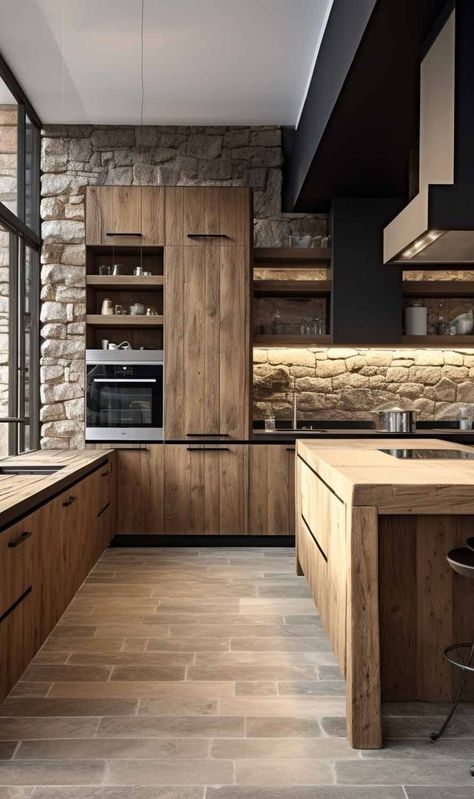 Rustic And Modern Kitchen, Wood Accents Kitchen, Kitchen Ideas Wood Cabinets, Kitchen Rustic Modern, Kitchen Cabinets Wood, Modern Konyhatervezés, Modern Wooden Kitchen, Kitchen Oak, Modern Wood Kitchen