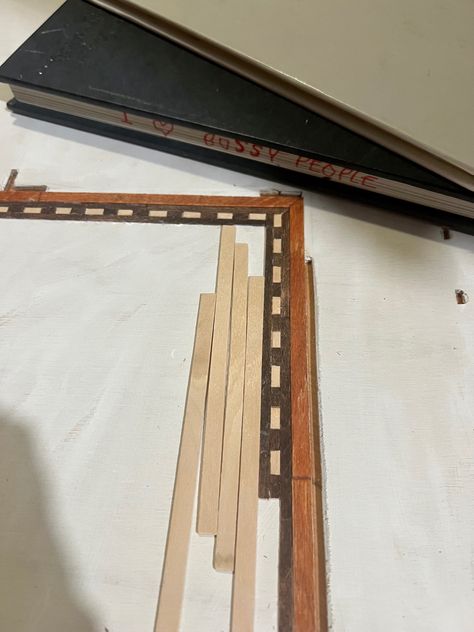 Im making this inlaid wood floor for the fancy living room in my Willowcrest dollhouse #diydollhouse #Willowcrestdollhouse Willowcrest Dollhouse, Doll House Flooring, Fancy Living Rooms, Dollhouse Diy, Coffee Stirrers, Inlaid Wood, Doll House Crafts, Flooring Inspiration, Herringbone Floor