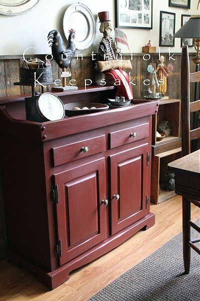 Sink Paint, Red Cabinets, Primitive Living Room, Sink Decor, Dry Sink, Refinishing Furniture Diy, Painted Items, Colonial Design, Primitive Furniture