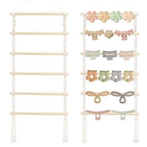 PRICES MAY VARY. Large Capacity: HAIR CLIPS AND CLAW CLIPS NOT INCLUDED , 14*34 inches. Hair clips organizer is designed with 6 rods, 2 cotton ribbons. Claw clip holder can hold up to 23-25 pcs claw clips, 2 pices of cotton ribbons with 10 white 360 degree swivel plastic clips can store hats, scarves and hair clips.It is easy and convenient to assemble, hang and pick your hair accessories Space Saving: Our claw clip holder adopts wall-mounted style,hanging claw clips storage holder suitable for Hair Claw Clip Organizer, Hair Clip Holder Diy, Claw Clip Organizer, Bracelet Hanger, Home Boho Decor, Closet Storage Accessories, Hair Clip Organizer, Clip Organizer, Hair Accessories Holder