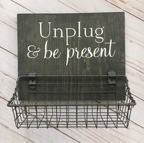 Unplug & Be Present phone basket | No Phone Rule wood sign with attached basket | Dining Room - Kitc Phone Basket Ideas, No Phone Zone Ideas, No Phone Zone, No Phone Sign, Phone Basket, Cell Phone Jail, Phone Rules, Small Kitchen Dining Room Combo, Youth Group Rooms