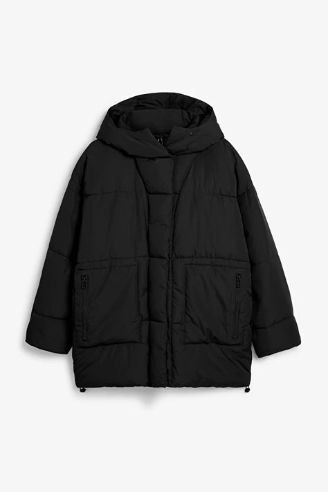 Puffer jacket with hood - Black magic - Coats & Jackets - Monki GB Puffer Jacket With Hood, Oversized Puffer Jacket, Fancy Shirt, Oversized Puffer, Short Trench Coat, Yellow Coat, Trouser Outfits, Black Puffer Jacket, Jacket With Hood