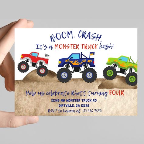 Monster Truck Theme Birthday Party Zazzle, Monster Truck Party Invite, Monster Truck Third Birthday Party, Third Birthday Monster Truck, Big Trucks Birthday Party, Monster Truck Themed 2nd Birthday Party, Second Birthday Monster Truck Theme, Three Year Old Monster Truck Birthday, Monster Truck Birthday Invite