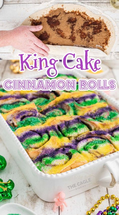 Delicious king cake cinnamon rolls are a delicious idea for a Mardi Gras celebration. Use your favorite filling for inside the cinnamon roll, or stick to the traditional cinnamon and brown sugar rolls. King Cake Cinnamon Rolls are a tasty treat to celebrate this exciting time of year. Cake Cinnamon Rolls, Mardi Gras Desserts, Mardi Gras Cocktails, Mardi Gras Cake, Cake Cinnamon, King Cake Recipe, Breakfast Recipes Easy Quick, Sanding Sugar, Mardi Gras King Cake