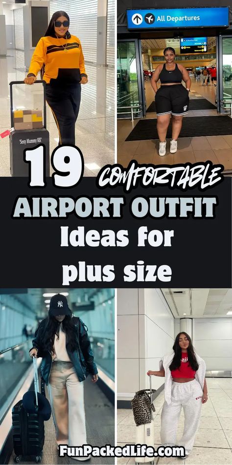 Collage featuring four plus size airport outfit ideas. Top left shows yellow and black color-block sweatsuit with luggage. Top right displays athletic wear with black crop top and shorts at departure gate. Bottom left features casual look with black jacket, beige pants and NY cap. Bottom right shows coordinated white tracksuit with red crop top and leopard print luggage. Comfortable Travel Outfit Plus Size, Outfits For A Trip Casual, Airport Outfit Plus Size Travel, Airport Outfit To Caribbean, Plus Travel Outfits, Plus Size Airplane Outfit, Flying Outfits Women, Midsize Airport Outfit, Plus Size Plane Travel Outfit