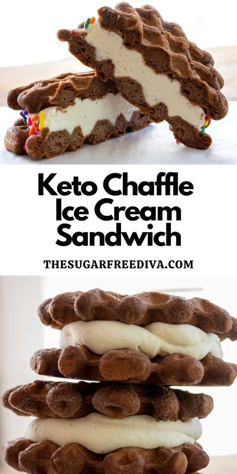 Keto Chaffle Ice Cream Sandwich, a tasty dessert recipe that is sugar free, keto, and low carbohydrate diet friendly. Keto Friendly Ice Cream, Sugar Free Ice Cream, Ice Cream Sandwiches Recipe, Keto Chaffle, Ketogenic Desserts, Desserts Keto, Low Carb Ice Cream, Postre Keto, Healthy Recipes For Diabetics