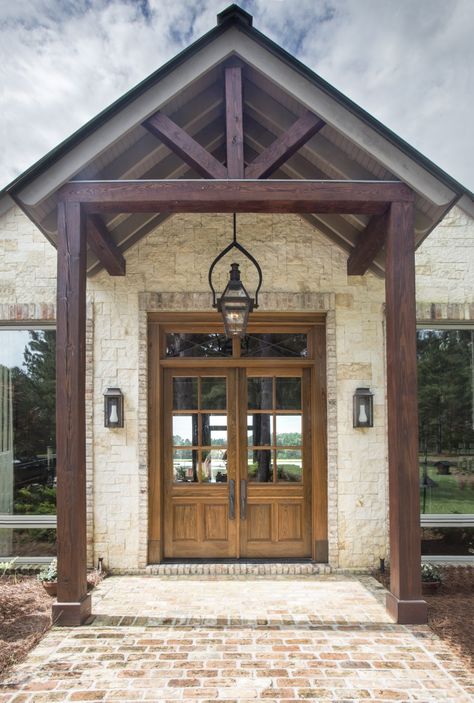 Montana Homes, Iron Lanterns, Front Door Entrance, House Front Door, Brick Tiles, Guest Cottage, Wood Siding, Reclaimed Pine, Front Entrances