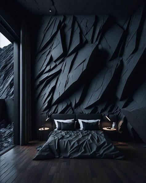 Black Bedrooms, Black Bedroom Design, Interior Design Color, Minimalist House Design, Black Bedroom, Rock Wall, Bedroom Black, Black Walls, Bedroom Styles