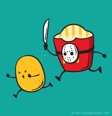 French Fried Jason | By Flying Mouse Cute Puns, Funny Horror, Gif Lucu, Funny Illustration, Humor Grafico, Horror Film, Arte Pop, Food Humor, Funny Puns