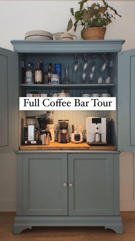 COFFEE BAR TOUR: WHAT’S INSIDE ☕️ Here’s a tour inside my thrifted TV cabinet turned coffee bar. The upper half is all coffee, tea and… | Instagram Tv Stand Turned Into Coffee Bar, Coffee Bar Out Of Tv Cabinet, Kitchen Coffee And Wine Bar, Coffee Bar Microwave Station, Coffee Dresser Bar, Pantry Turned Coffee Bar, Thrifted Coffee Bar, Living Room Coffee Bar, Cabinet Coffee Bar Ideas