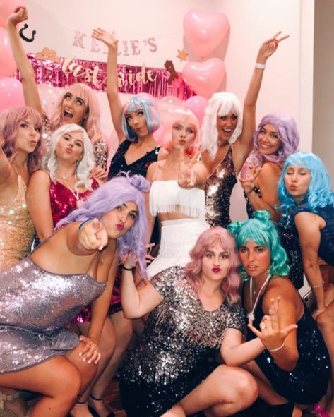 Bachelorette Party Wigs, Sparkle Bachelorette Party, Coloured Wigs, Nola Bachelorette Party, Nola Bachelorette, Hens Party Themes, Bachelorette Inspo, Pink Bachelorette Party, Pink Bachelorette