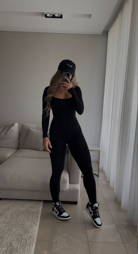 (JUMPSUIT LINK ABOVE ONLY £12.99  and comes in different colour) black jumpsuit outfit activewear casual style nike jordan aesthetic fitcheck Sporty Outfit Inspiration, Sporty Black Outfits, Black Jumpsuit Outfit With Jordans, Black All In One Jumpsuit, Black Activewear Aesthetic, Jumpsuit And Dunks Outfit, Casual Sporty Outfits Fall, Black Body Jumpsuit Outfit, All Black Outfit With Jordans