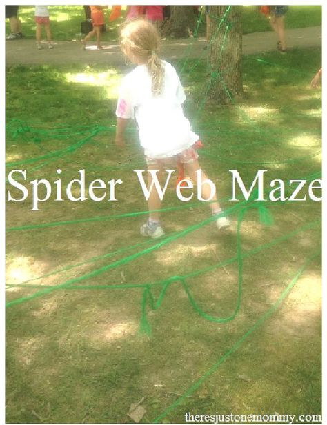 fun outdoor activity for kids -- build a spider web maze! Spider Games For Kids, Spider Web Obstacle Course, Spider Web Team Building Activity, Stem Spider Web Challenge, Busy Spider Activities, Spider Web Game, Outdoor Activity For Kids, Spider Web Craft, Spider Activities