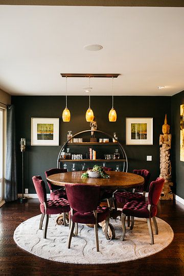 dining with moody dark walls. Eggplant velvet dining chairs Dining Room Inspiration Maximalist, Moody Dining Table Decor, Dark Green Moody Dining Room, Moody White Walls, Dark Eclectic Dining Room, Dark Purple Dining Room, Eccentric Dining Room, Moody Maximalist Dining Room, Dark Paint Dining Room