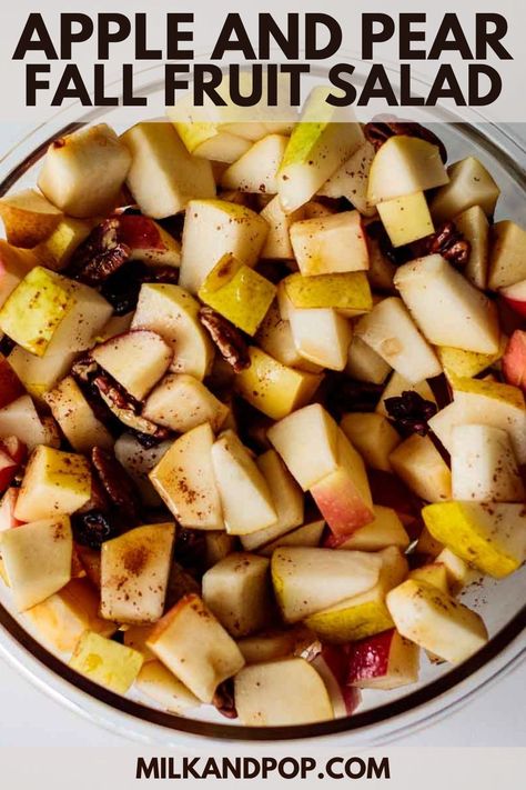 Made with crispy apples, sweet pears, pecans, dried cranberries, and topped with a maple-lemon syrup, this Fall Fruit Salad has all the autumn flavors you crave when the temperature starts to drop. #fruitsalad #fallfruitsalad Fall Fruit Side Dishes, Fruit Salad With Pears, Fall Fruit Salad Recipes, Fruit Salad With Apples, Paleo Fruit Salad, Fruit Salad For A Crowd, Fall Fruit Salad, Salad For A Crowd, Christmas Fruit Salad