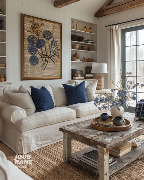 Hints Of Blue Living Room, White Couch Blue Accents, Navy Blue Sofa And Cream Living Room, Navy Blue White And Beige Living Room, Brown White Blue Living Room, White And Light Blue Living Room, Cream Couch Blue Pillows, Beige And Dark Blue Living Room, Blue White Beige Living Room