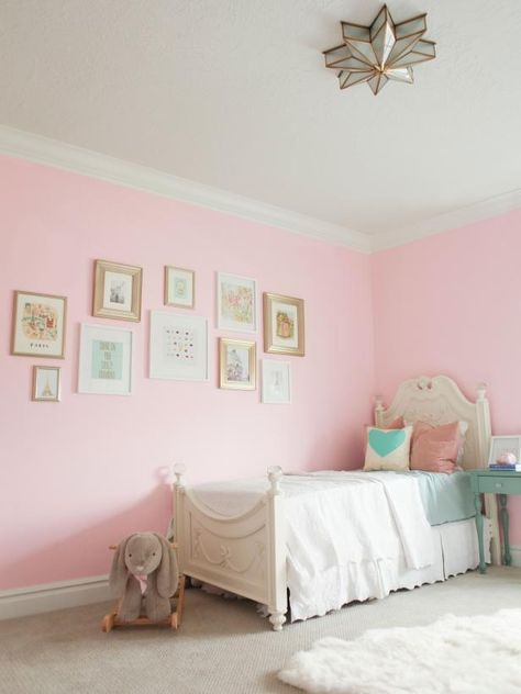 Neutral Paint Shades Designers Love - HGTV.com | HGTV Sw Angelic, Rachel Pink Sherwin Williams, Light Pink Accent Wall Bedroom, Pink Room Walls, Baby Pink Room Ideas, Light Pink Walls Bedroom, Pink And Mint Girls Room, Light Pink Accent Wall, Pink And White Walls