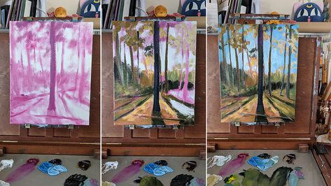 Underpainting: What is it good for? A closer look at using vibrant colors for underpainting. Underpainting Oil, Gouache Art For Beginners, Painting Videos Tutorials, River Painting, Gouache Art, Acrylic Painting Techniques, Green Landscape, Art Instructions, Art How