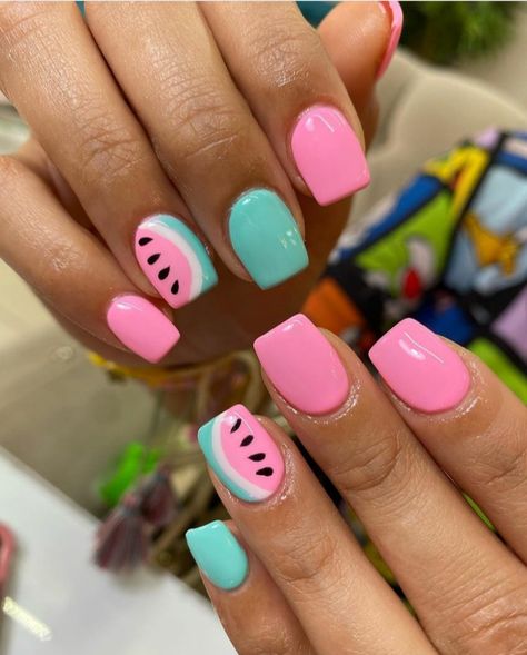 10 Cute Watermelon Nails For The Summer - Wondafox Cute Kids Summer Nails, Cute Watermelon Nails, Pretty Birthday Nails Short, Nails For Little Kids Polish, Summer Watermelon Nails, Short Watermelon Nails, Nails Girls Kids, Watermelon Gel Nails, Very Short Gel Nails Summer