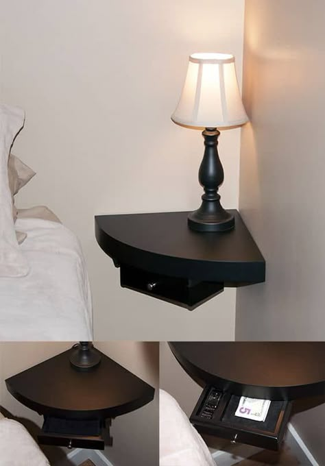 -the-corner-nightstand - They say little things can make a big impact. That's true, especially when it comes to furniture. Sometimes, even a small thing such as a nightstand c... #Nightstand Night Stands Ideas, Floating Bedside Shelf, Floating Bedside Table, Floating Shelves Bedroom, Small Nightstand, Apartment Storage, Floating Shelves Diy, Night Stands, Trendy Bedroom