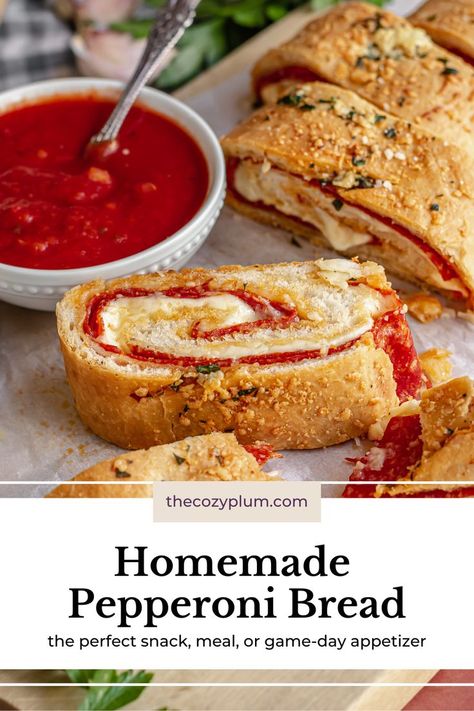 Slices of homemade pepperoni bread next to a white bowl of marinara sauce Pepperoni Dishes, Pepperoni Cheese Bread, Pepperoni Bread Recipe, Pepperoni Roll, Homemade Pepperoni, Pepperoni Bread, Homemade Pizza Rolls, Pizza Bread Recipe, Pizza Crust Dough