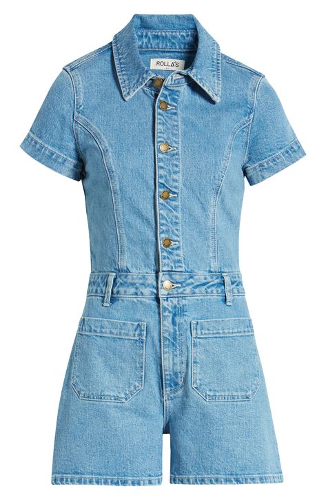 Get to the fun faster with a one-and-done romper cut from stretch-kissed denim. 32 1/2" length; 3 1/2" inseam; 27" leg opening (size Medium) Front button closure Spread collar Short sleeves Front patch pockets; back patch pockets 99% cotton, 1% elastane Machine wash, line dry Imported Denim Romper Outfit, Romper Jeans, Denim Shorts Outfit Summer, Denim Short Jumpsuit, Short Sleeve Denim, Jean Romper, Denim Shorts Outfit, Denim Crafts Diy, Summer Shorts Outfits