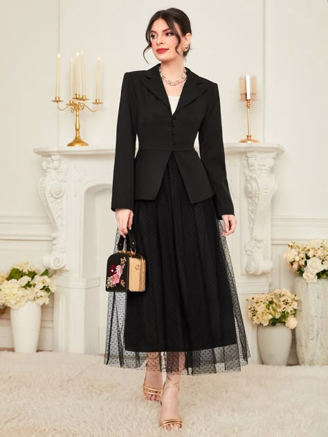 Black Elegant Collar Long Sleeve  Plain  Embellished Slight Stretch  Women Suits Long Blazer And Skirt Outfit, Long Blazer With Dress, Black Dress Long Sleeve Elegant, 90s Formal Outfits, Women Suit With Skirt, Long Black Dress With Blazer, Blazer Long Skirt Outfit, Skirt And Suit Outfit, Fashionable Office Outfits