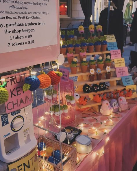 My market @redlanterncity_nightmarket is a wrap! Thanks everyone who stopped by today in the booth. Here are some night shots of the booth and the block, with all the pretty lights and lanterns! Now to sleep in late tomorrow 💤 🏷️ #nightmarket #redlantern #crochet #kawaii #amigurumi #smallbusiness #marketprep #marketsetup #eventplanning Crochet Night Light, Crochet Vendor Booth Ideas, Crochet Market Display, Market Displays Booth Ideas, Crochet Booth, Craft Bazaar, Kawaii Amigurumi, Art Booth, Booth Setup