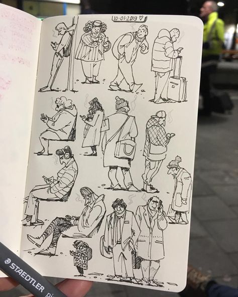 The Heart of Jeremy Hoffman on Instagram: “Waiting for the train to arrive... observing people... ✏️ #drawing #observationaldrawing #sketch #urbansketching #drawingfromlife…” Train Drawing, Human Sketch, People Drawing, Observational Drawing, Sketches Of People, Sketchbook Drawings, Artist Sketchbook, Sketchbook Art Journal, Urban Sketchers