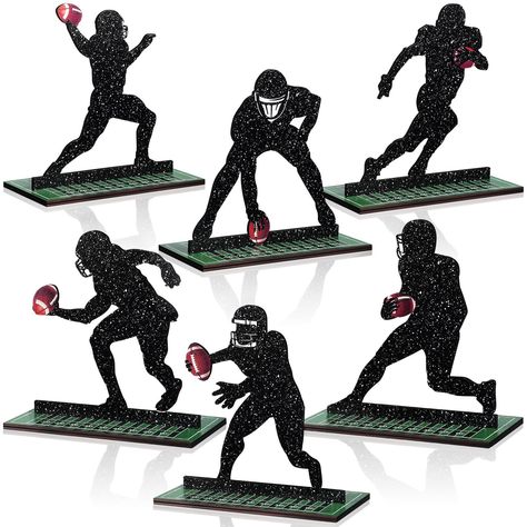 Silhouette Centerpieces, Football Party Table Decor, Football Table Decorations, Football Party Table, Football Banquet Centerpieces, Football Player Silhouette, Football Centerpieces, Rugby Party, Wooden Football