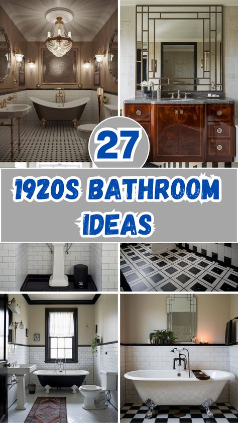 27 Stylish 1920s Bathroom Ideas – The DIY Desire Tall Bathroom Ideas, Vintage Vanities Bathroom, Black Bathroom Victorian, German Bathroom Design, 1920’s Inspired Bathrooms, Black And White Antique Bathroom, 1940s Small Bathroom Remodel, Art Deco Bathroom Fixtures, Old Style Bathroom Ideas