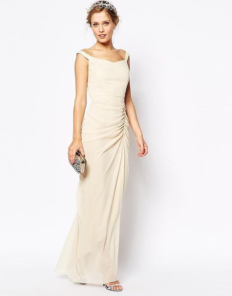 Break the old rule and wear white to the wedding. This VLabel London India Maxi Dress With Bardot Neck ($135) is seriously irresistible Cream Bridesmaid Dresses, Bridesmaid Satin, Bridesmaid Dresses Satin, Evening Dresses Uk, Champagne Dress, Satin Dress Long, Maxi Dress Wedding, Maxi Robes, Maxi Dress Evening