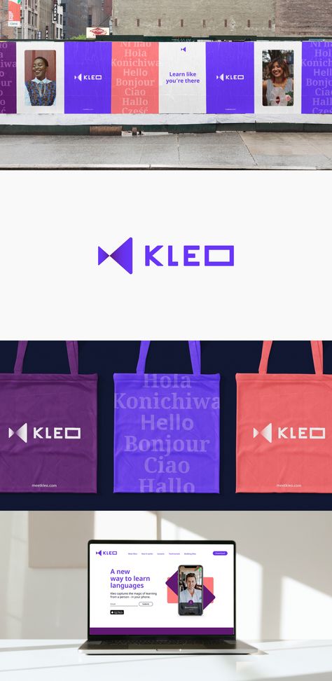 Fellow Studio - Kleo - Transporting People with Language Learning – Fellow saw purple as an area of opportunity when it came to colour. Purple was not used by direct competitors within the industry, allowing for originality and ownership. Being aware of the tech space, purple also gave Kleo a warmth that other associated colours did not– and created a sense of intelligence and expertise. – #education #branding #branddesign Education Branding Design, Education Brand Identity, Tech Brand Identity, Purple Branding, Education Branding, Industry Branding, Brand Language, Consulting Branding, Website Color Schemes